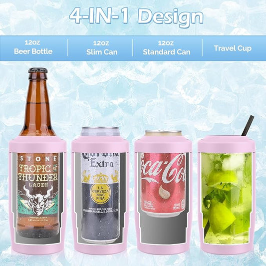 Morefeel 4-in-1 Insulated Can Cooler for 12 oz Cans & Bottles | 304 Stainless Steel Can Holder Fits 12 Oz Slim Cans, Standard Cans, Beer Bottles & Works as A Open Cup; Dishwasher Safe