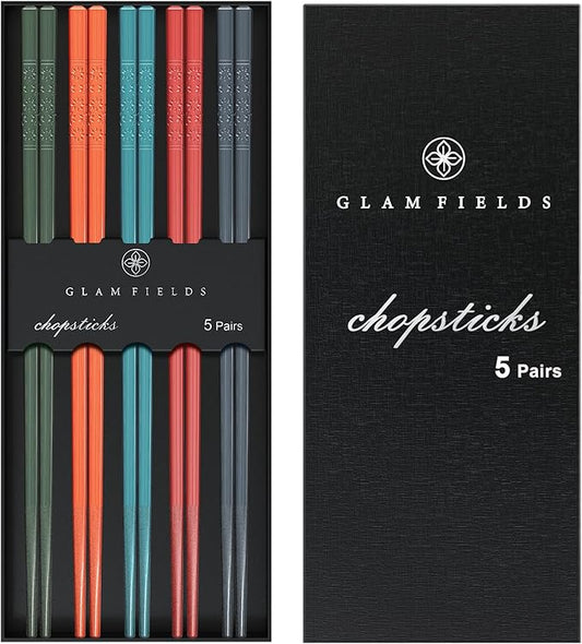 Chopsticks, GLAMFIELDS 5 Pairs Premium Reusable Multicolour Chopsticks for Sushi Japanese Matte Anti-slip Chop Sticks with Gift Case Lightweight Dishwasher Safe, 9.6 Inch