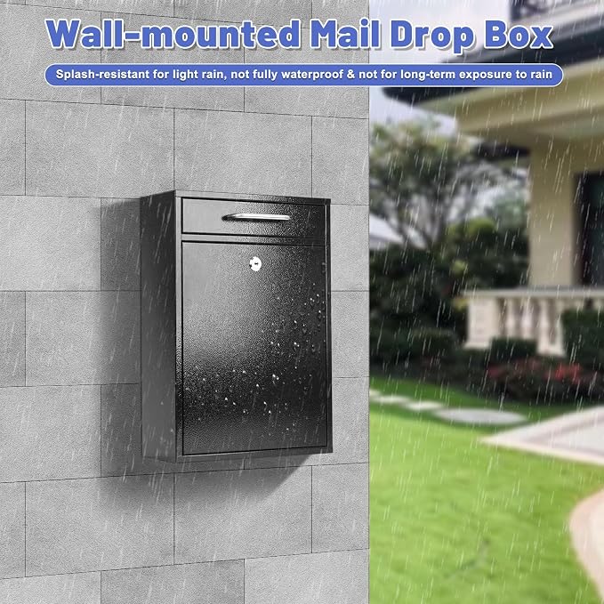 KYODOLED Steel Key Lock Mail Boxes Outdoor, Locking Wall Mount Mailbox, Security Lock Drop Box, Collection Boxes for Home, Office or Commercial,16.2H x 11.2L x 4.6W Inches, Black X Large
