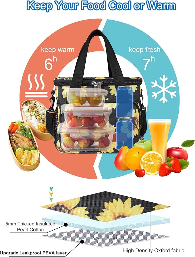 Lunch Bags for Women/Men, Insulated Lunch Bag for Work Office - Lunch Cooler Bag Leakproof Lunch Box with Adjustable Shoulder Strap - Sunflower