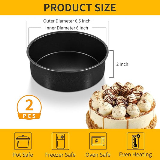 P&P CHEF Non-stick Cake Pan Set of 2,6 Inch Round Baking Cake Pans Tins for Tier Smash Cakes, Non-Toxic & Solid, Stainless Steel Core & Leak-Proof, 2Pcs