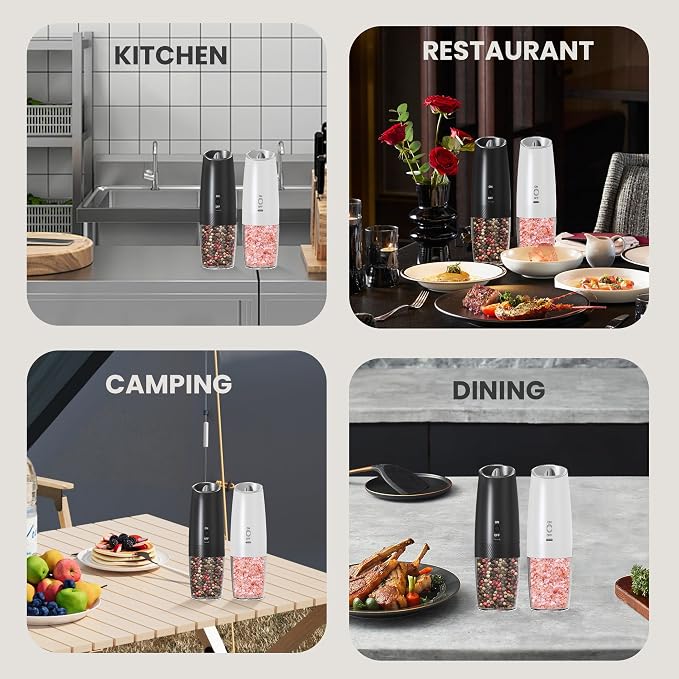 Rechargeable Salt And Pepper Grinder Set with LED Light, Automatic Electric Gravity Salt And Pepper Shakers Set, No Battery Needed, Adjustable Roughness, 2 Pack (Black&White)