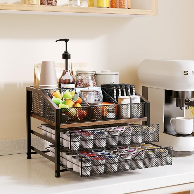 Homsorout Coffee Bar Organizer - Coffee Station for Countertop, Metal and Wood K Cup holder Storage Basket for Coffee Pods, Syrup, Cups, Stirrer, Coffee Condiment, Tea Organizer, Black and Brown