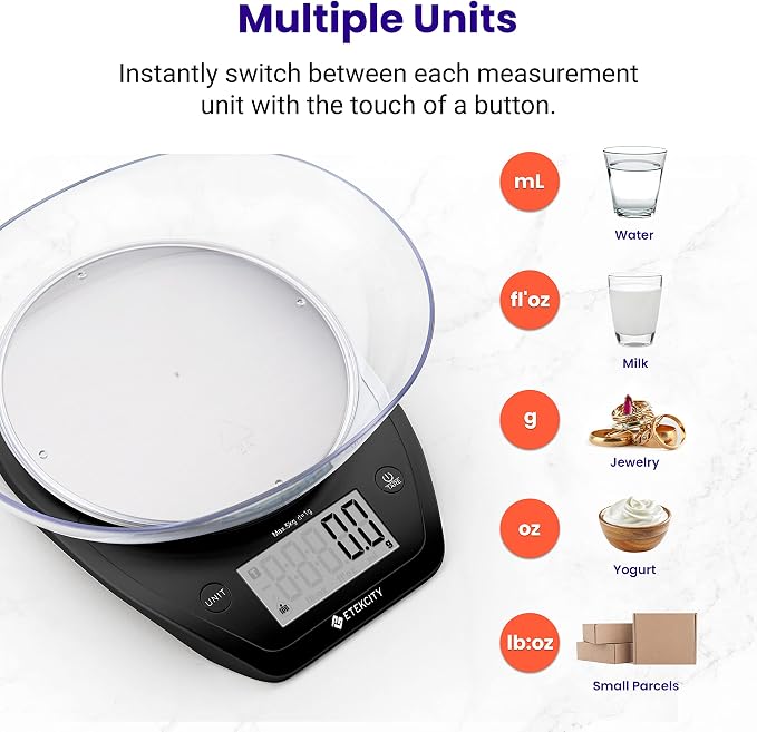 Etekcity 0.1g Food Scale, Bowl, Digital Grams and Ounces for Weight Loss, Dieting, Baking, Cooking, and Meal Prep, 11lb/5kg, Stainless Steel Black | 11lb/5kg capacity with tare, removable bowl, ideal for baking, coffee, meal prep and portion control, S...