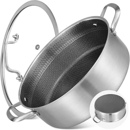LOLYKITCH 8 QT Large Deep Frying Pan with Lid | 13 Inch | Riveted Handles | Ceramic Nonstick | Tri-Ply Stainless Steel Skillet | Saute Pan | Hybrid Cookware | Oven & Induction Ready | 8-10 Servings