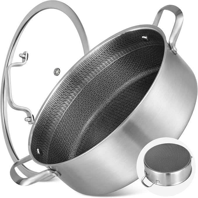 LOLYKITCH 7 QT Large Deep Frying Pan with Lid | 12 Inch | Riveted Handles | Ceramic Nonstick | Tri-Ply Stainless Steel Skillet | Saute Pan | Hybrid Cookware | Oven & Induction Ready | 6-8 Servings