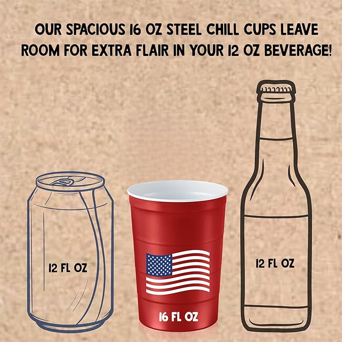 Steel Chill Cups 16 oz. Reusable Party Cups, Patriotic Red, 12 Count | Made in USA from Steel these durable cups chill fast & keep your drink cold for longer, 100% recyclable for sustainablity