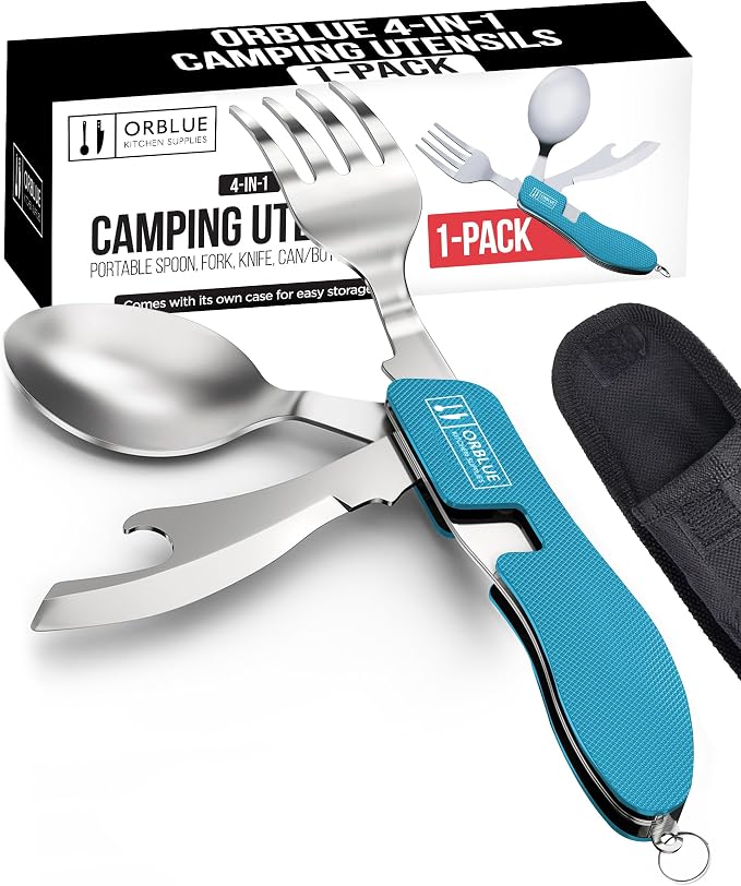 Orblue 4-in-1 Camping Utensils, 1-Pack, Portable Stainless Steel Spoon, Fork, Knife & Bottle Opener Combo Set - Travel, Backpacking Cutlery Multitool, Blue