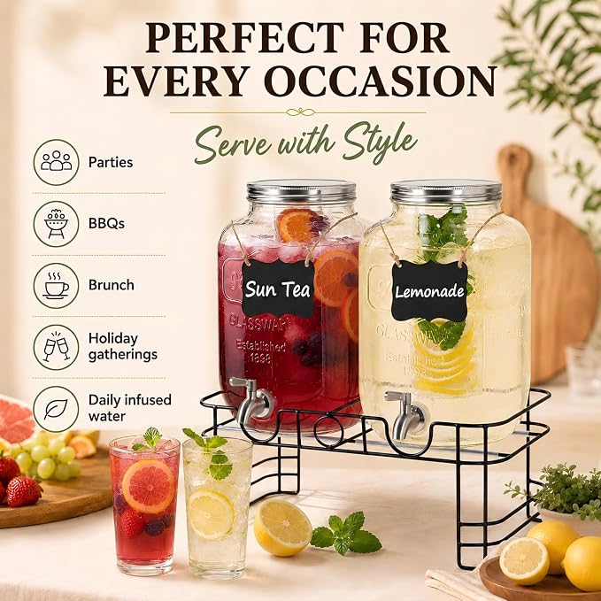 2 Gallon Glass Drink Dispensers for Parties, KIKCOIN 2 Pack Leakproof Beverage Dispenser with Stand & 18/10 Stainless Steel Spigot & Fruit Infuser -for Lemonade, Juice, Punch, Sangria