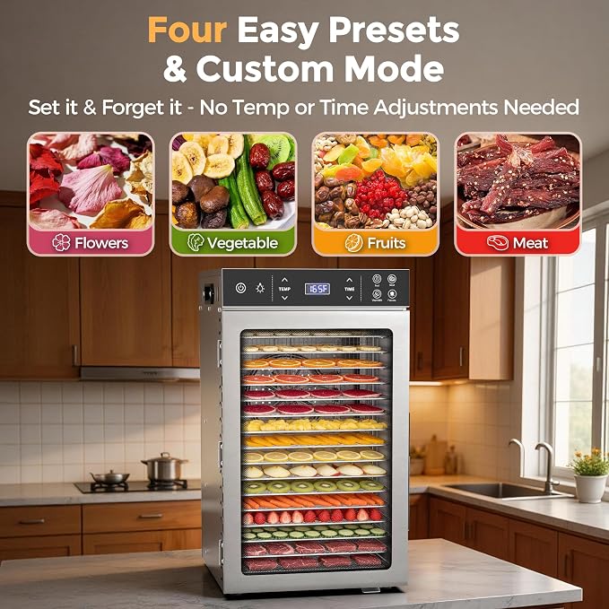 Suteck 800W Food Dehydrator with 16 Trays for Jerky, Fruit, Veg, Meat | Stainless Steel, 4 Presets, Strong Dual Fans & 360° Airflow, 85°F–195°F, 48H Timer, Built-in Light, Quiet