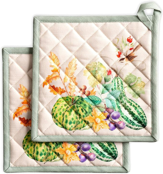 Maison d' Hermine Pot Holders 100% Cotton Potholders (8" x 8", Pack of 2) | Heat Resistant Hot Pads with Loop BBQ Cooking Baking Hotel Kitchen Handling Hot Pans Thanksgiving Christmas - Lumina
