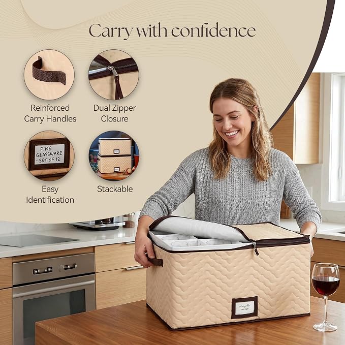 Wine Glass Storage Box with Dividers, Holds 12 Glasses up to 4.25" Wide | 2 Pack, Stemware Storage Case, Protects Fine China, Durable Quilted Microfiber, Carry Handles, Ideal for Red Wine Glass