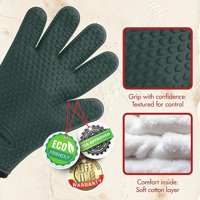 KITCHEN PERFECTION Silicone Griddle Grill Gloves Heat Resistant Oven Mitts | Waterproof, 5-Finger Design For A Better Grip, Best Griddle Grilling Accessories, Compatible with Blackstone, Weber & More