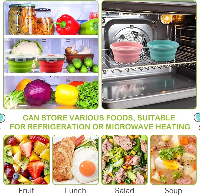 4 Pcs Collapsible Bowls with Lids Silicone Camping Food Storage Container Expandable Folding Salad Lunch Box Travel Container for Hiking Camping