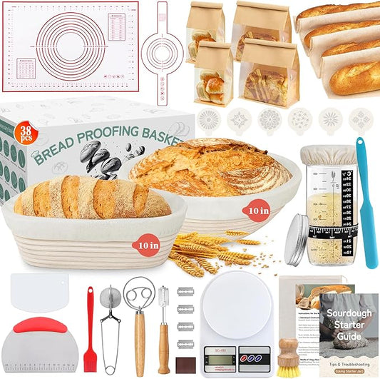 Aliggbent 38Pcs Sourdough Bread Baking Supplies, 10'' Round & Oval Banneton Bread Proofing Baskets with 24 oz Sourdough Starter Jar Kit, Digital Scale, Bags ＆ Bread Making Tools Kit for Artisan Baking