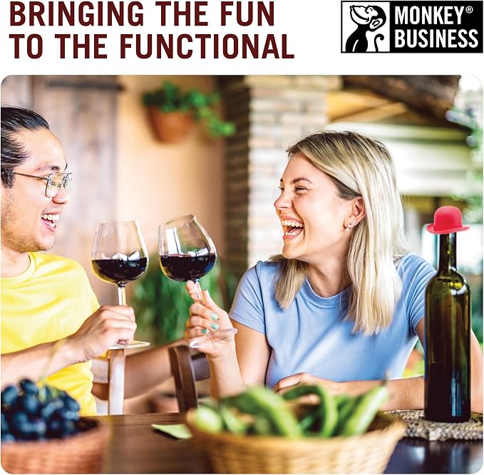 Monkey Business Silicone Wine Stopper | Seals Bottle and Keeps Wine Fresh/Cute Wine Accessories/Kitchen Gadgets/Bowler Hat Bottle Stopper (Set of 2)