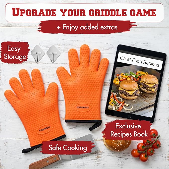 KITCHEN PERFECTION XL Silicone Griddle Gloves - Heat Resistant Oven Mitts | Waterproof, 5-Finger Design For A Better Grip, Best Griddle Grilling Accessories, Compatible with Blackstone, Weber & More