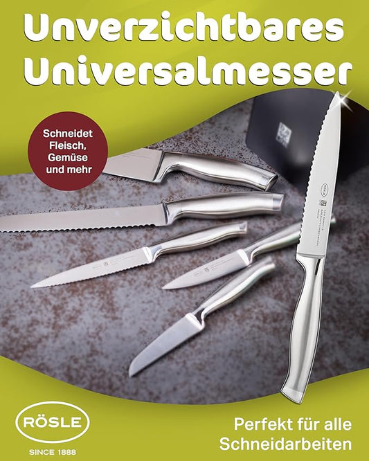 Rösle Basics Line Stainless Steel Serrated Universal Kitchen Knife, 5-inch Blande