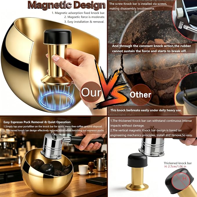 Espresso Knock Box with Glass Lid, Magnetic Knock Bar, Shock-Absorbing Base – Holds 20 Pucks (Gold) | Large Capacity, Stainless Steel ,Coffee Knock Box