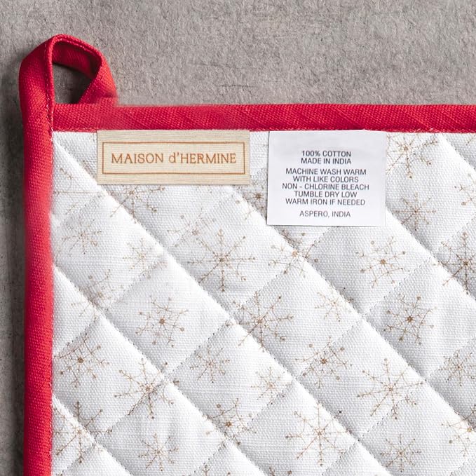 Maison d' Hermine 100% Cotton Oven Mitt & Pot Holder Set (7.5"x13" & 8"x8") | Heat Resistant BBQ Cooking Gloves with Loop Baking Grilling Kitchen Hotel Home Farmhouse Thanksgiving Christmas - Chromo