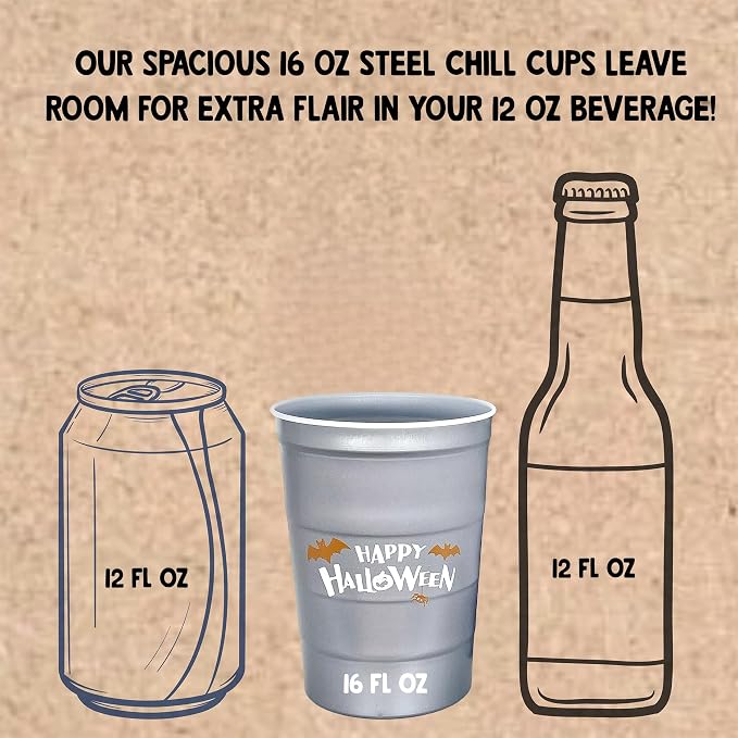 Steel Chill Cups 16 oz. Reusable Party Cups, Happy Halloween, 12 Count | Made in USA from Steel these durable cups chill fast & keep your drink cold for longer, 100% recyclable for sustainablity