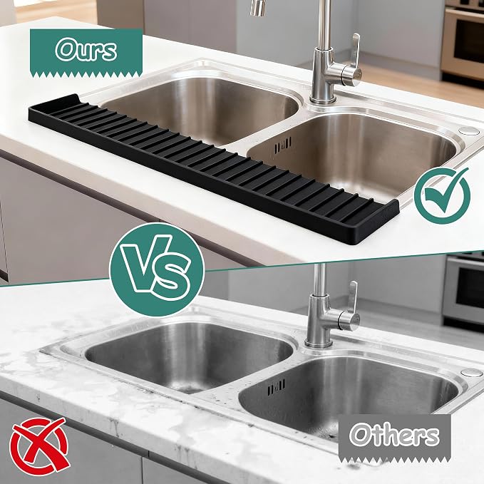Silicone Sink Edge Protector Splash Guard,Sink Granite Edge Protector,24x4 Inch with Suction Cups & 5°Tilt, Cuttable for Kitchen Bathroom Countertops, Granite Quartz Surfaces (Black)