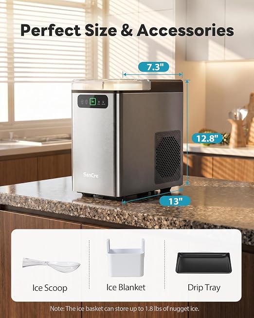 Nugget Ice Maker Countertop, Pellet Ice Machine Soft Chewable Ice 40lbs/Day, One-Click Operation, Auto Self-Cleaning Crushed Ice Makers Stainless with Scoop for Home/Kitchen/Office (Grey)