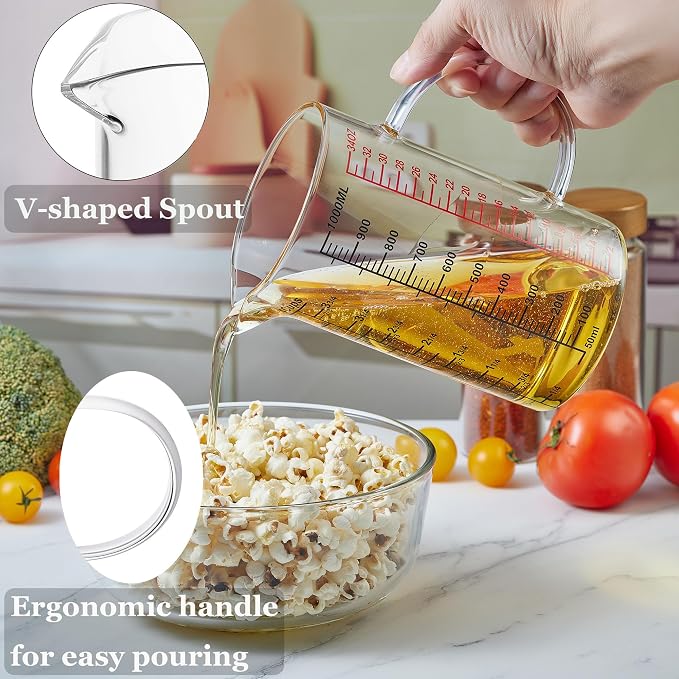 Ackers BORO3.3 Glass Measuring Cup-[Insulated handle | V-Shaped Spout]-Made of High Borosilicate Glass Measuring Cup for Kitchen or Restaurant, Easy to Read, 1000 ML (32 Oz, 4 Cup)