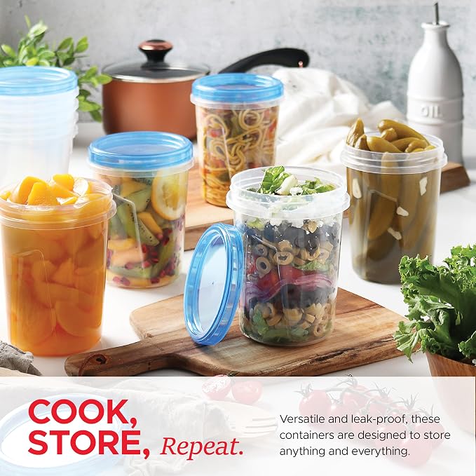 Tafura Freezer Containers, 12 Pack, 32 Oz, Leakproof BPA-Free Lids | Twist-top screw-on closures help prevent spills during storage, transport, and meal prep.