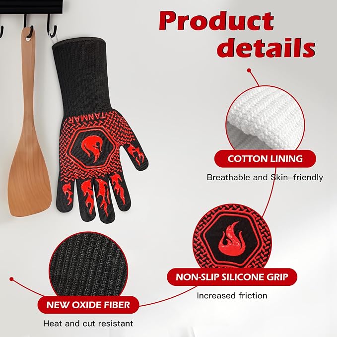 BBQ Grill Gloves, 1472°F Extreme Heat Resistant Grilling Gloves Non-Slip Oven Mitts Potholder, Perfect for Barbecue, Cooking, Baking, Fireplace, Smoker - 2 Pair (Red and Black)