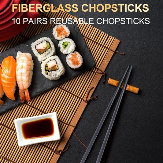 Fiberglass Chopsticks Set, 9.5 Inch, Pure Black, 5 Pairs | Dishwasher Safe, Reusable, Japanese Chinese Style, Non-Slip, Easy to Use