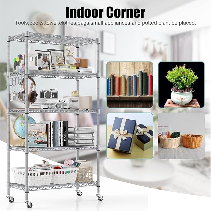 Himimi 5-Tier Storage Shelf Wire Shelving Unit on Wheels, Adjustable Heavy Duty Metal Shelves with Side Hooks, Steel Rack Organization for Kitchen Garage Basement, Silver