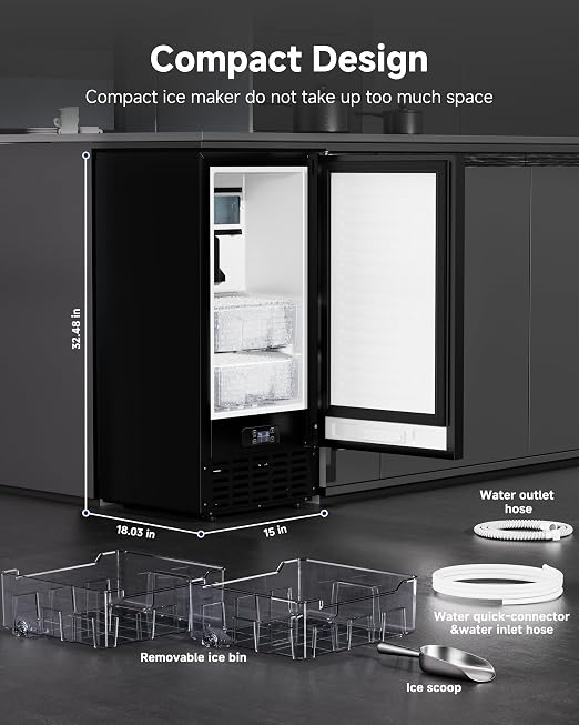 Commercial Ice Maker 68Lb/Day, Under Counter Nugget Ice Machine with 2 Ice Drawers, Built-in Freestanding Ice Maker with Auto-Cleaning & 24H Timer for Bar Restaurant Cafe Black