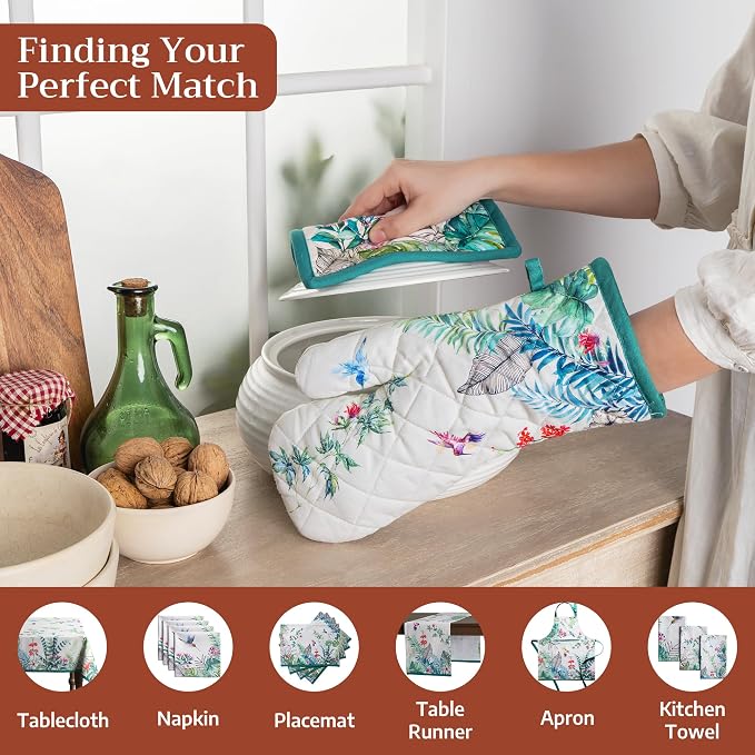 Maison d' Hermine 100% Cotton Oven Mitt & Pot Holder Set (7.5"x13" & 8"x8") | Heat Resistant BBQ Cooking Gloves with Loop Baking Grilling Kitchen Hotel Home Farmhouse Spring Summer - Tropiques