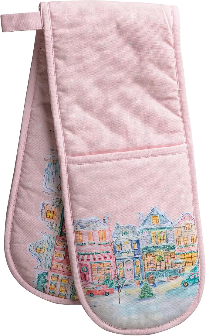 Maison d' Hermine Double Oven Mitts 100% Cotton Double Oven Glove (7"x35") | Heat Resistant BBQ Cooking Gloves with Loop Baking Kitchen Home Farmhouse Thanksgiving Christmas - Christmas Market - Pink