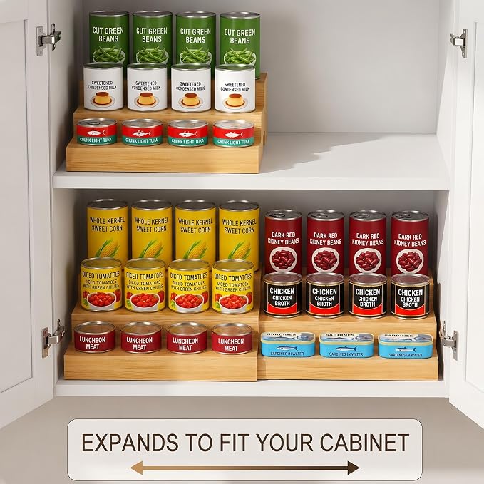 Expandable Can Rack Organizer for Pantry Fits Up to 24 20-oz Canned Food | 3-Tier Can Storage Holder for Kitchen Cabinet, Solid Wood Canned Goods Pantry Organizer Shelf, Visible & Accessible Display