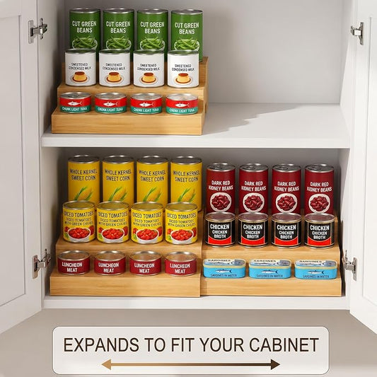 Expandable Can Rack Organizer for Pantry Fits Up to 24 20-oz Canned Food | 3-Tier Can Storage Holder for Kitchen Cabinet, Solid Wood Canned Goods Pantry Organizer Shelf, Visible & Accessible Display