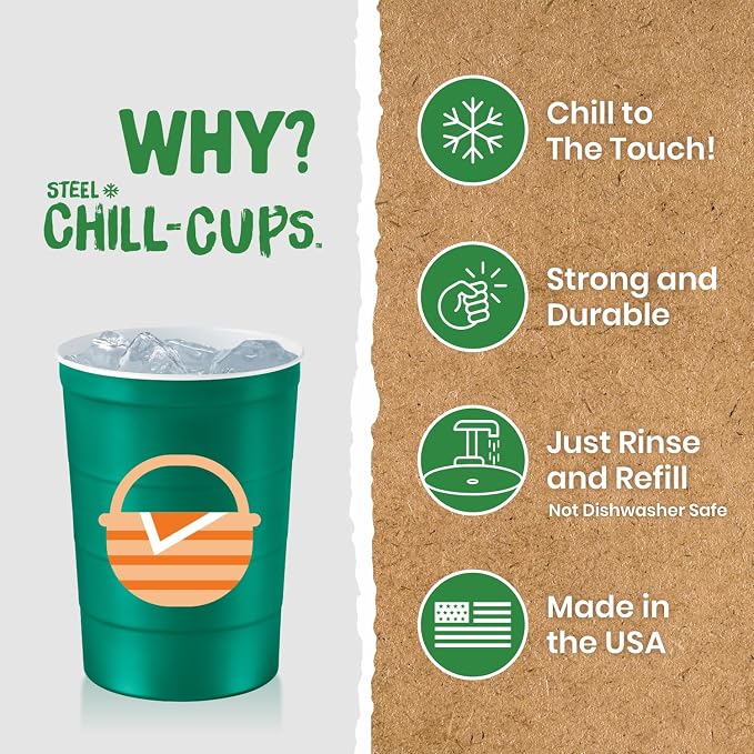 Steel Chill Cups 16 oz. Reusable Party Cups, Summer BBQ Grill, 12 Count | Made in USA from Steel these durable cups chill fast & keep your drink cold for longer, 100% recyclable for sustainablity