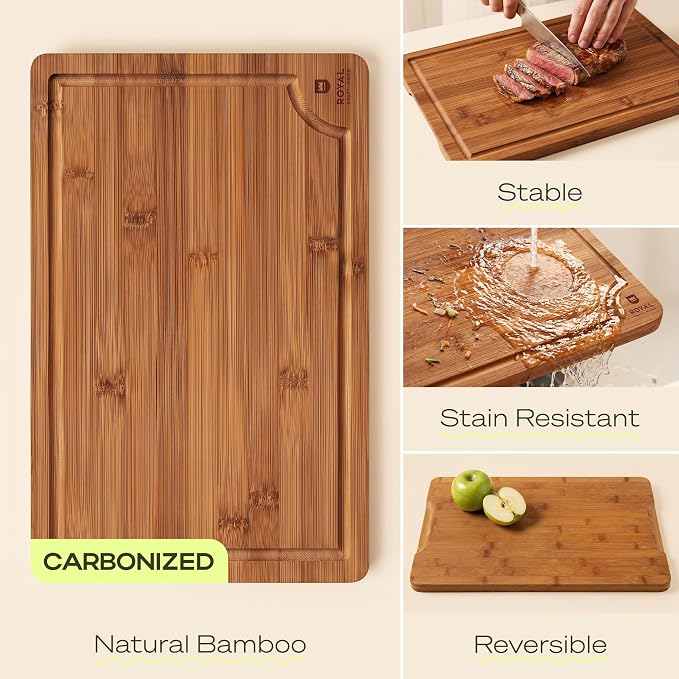 ROYAL CRAFT WOOD Wooden Cutting Boards for Kitchen Meal Prep & Serving - Bamboo Non Toxic Cutting Board Set with Deep Juice Groove Side Handles - Charcuterie & Chopping Butcher Block for Meat (4 Pcs)