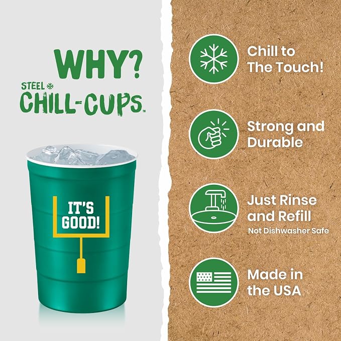 Steel Chill Cups 16 oz. Reusable Party Cups, Football, Green, 12 Count | Made in USA from Steel these durable cups chill fast & keep your drink cold for longer, 100% recyclable for sustainablity