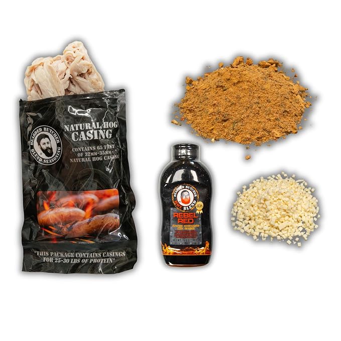 Bearded Butchers Macho Nacho Bratwurst DIY Kit – Spicy & Cheesy Brats – Includes Nacho Supreme Seasoning, Rebel Red Sauce, Mozzarella & 32mm-35mm Natural Hog Casings – Makes Up to 25 lbs Meat
