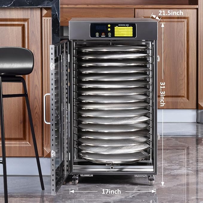 Rotary Food Dehydrator 16 Trays, Commercial Large Rotating Food Dryer Machine for Jerky, Herbs, Mushrooms, Fruit, Dog Treats, 1500W Full Stainless Steel Industrial Dehydrater (Gunmetal Gray)