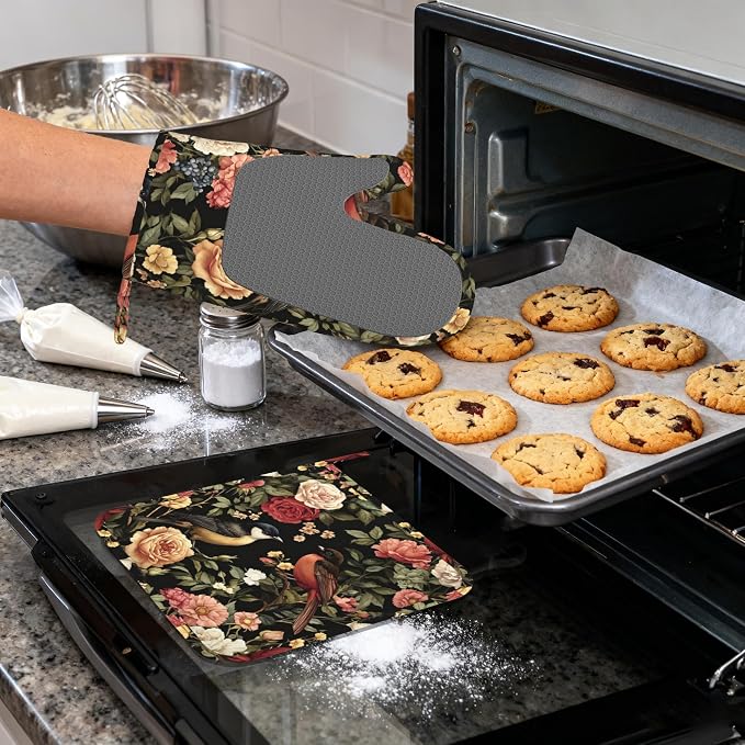 Vintage Rose Peony Floral Oven Mitts and Pot Holders (4PCS),Bird Heat Resistant Non-Slip Silicone Kitchen Gloves for Cooking, Baking, BBQ Waterproof Kitchen Accessories