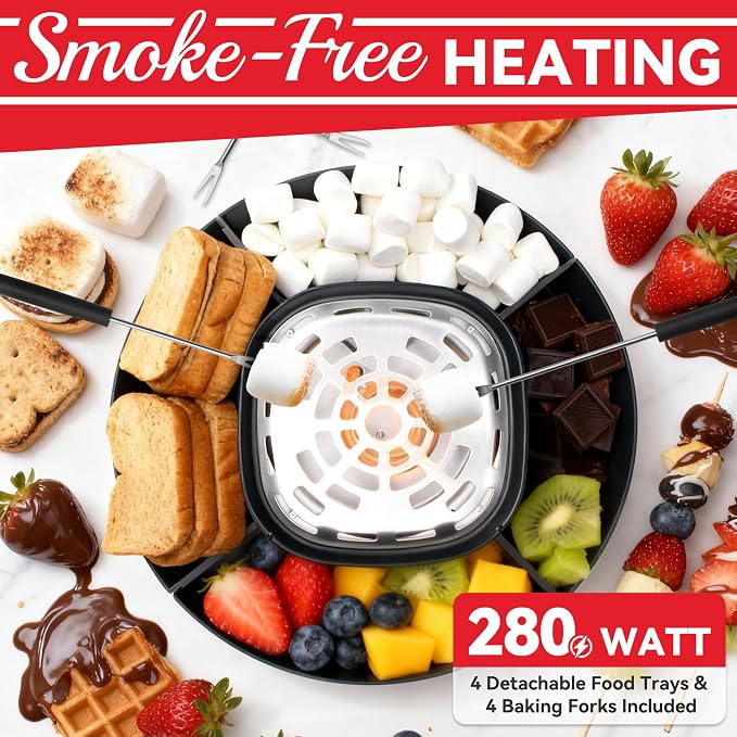 SugarWhisk 2 in 1 Electric Smore Maker & Fondue Set, Marshmallow Roaster with 4 Forks, Indoor Smores Kit for Kids & Couples, Cheese & Chocolate Fondue Pot, 4 Detachable Trays, Graphite
