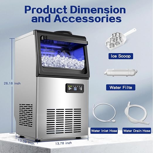 Amzgachfktch Commercial Ice Maker, 110lbs/24H Under Counter Ice Maker with 2 Water Inlet, Ice Maker Machine with 22lbs Storage, Auto Self-Cleaning, Freestanding Ice Machine for Bar Home Office