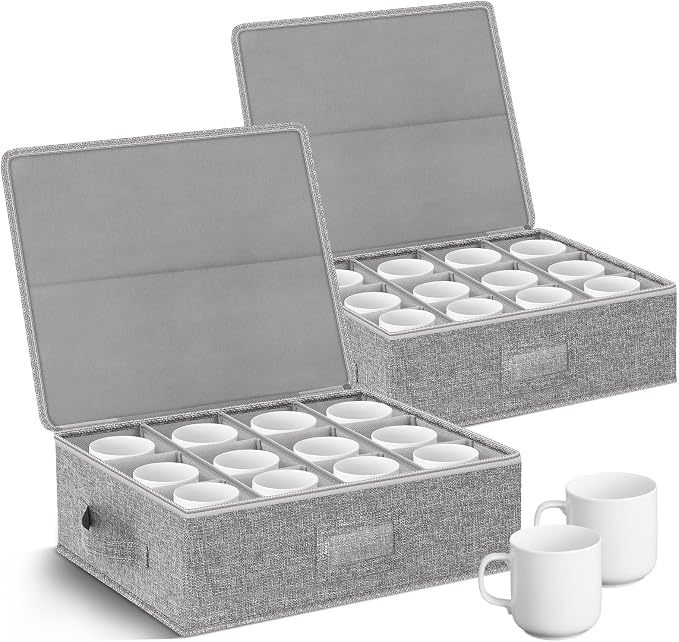 Kukikan Coffee Mug Storage Box 2 Pack with Dividers, China Storage Containers Organizer for Moving, Hard Shell & Stackable for 24 Coffee Tea Cups 5.5" Tall with Sturdy Lid & Handles, Grey