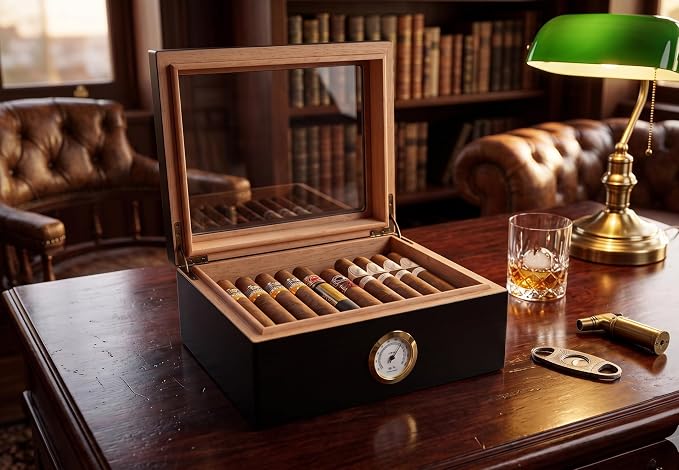 Premium Cigar Humidor - Holds 25-50 Cigars, Spanish Cedar Wood with Ebony Black Finish, Shatter-Resistant Glass Top, Built-In Hygrometer, Humidifier & Divider Included - 10.25" x 8.75" x 4.5"