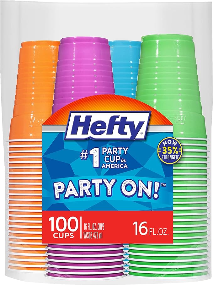 Hefty Party On Disposable Plastic Cups, Assorted, 16 Ounce, 100 Count | Bulk Pack, Disposable Plastic Cups for Parties, 4 Fun Colors, Easy-to-Grip Design, Ideal for Large Tailgates, BBQs, Birthdays