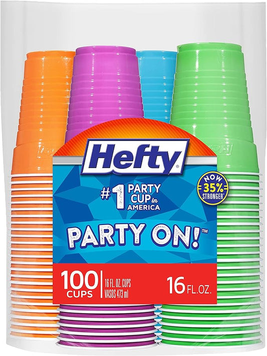 Hefty Party On Disposable Plastic Cups, Assorted, 16 Ounce, 100 Count | Bulk Pack, Disposable Plastic Cups for Parties, 4 Fun Colors, Easy-to-Grip Design, Ideal for Large Tailgates, BBQs, Birthdays