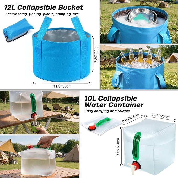 Odoland 29pcs Camping Cookware Mess Kit, Non-Stick Lightweight Pots Pan Kettle, Collapsible Water Container and Bucket, Stainless Steel Cups Plates Forks Knives Spoons for Outdoor Backpacking Picnic